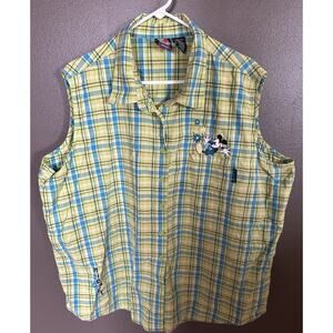 Vintage Mickey Unlimited Disney Button Front Tank Top Size 22/24 Green Plaid